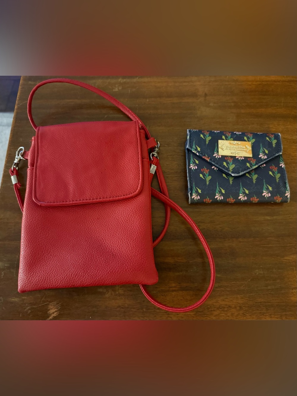 Red Leather Crossbody Bag (probably not real leather) and small wallet
